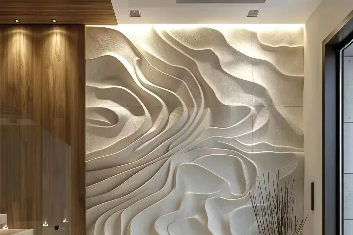 Flowing carved relief wall in foamed ceramic